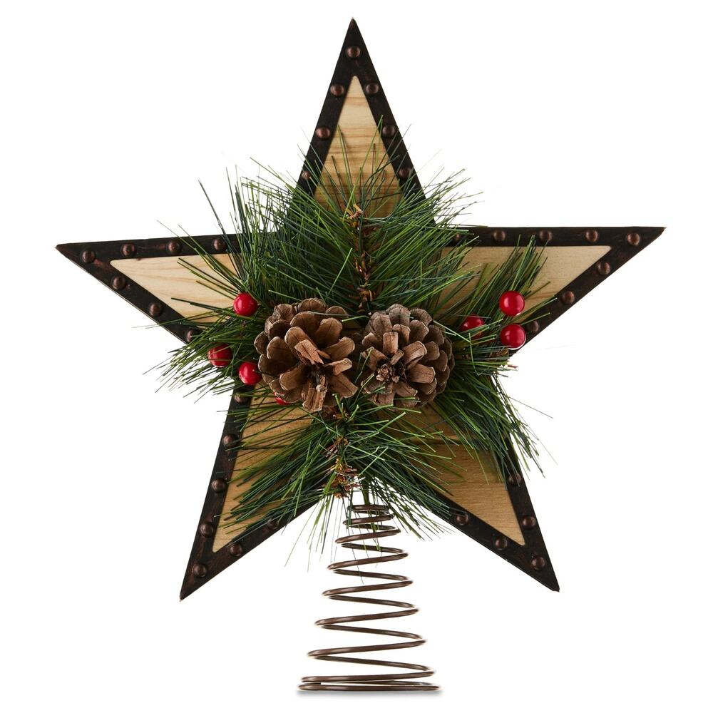 Rustic Wooden Metal Star Christmas Tree Topper 11" Pinecone Holly Holiday Decor